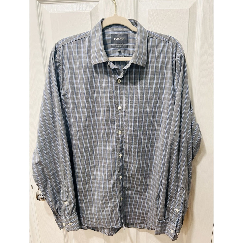 Bonobos Mens XL Gray/Blue Plaid Performance Stretch Tailored Slim Fit Button-Up